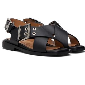 Ganni Black feminine buckle cross strap Leather Sandals 41